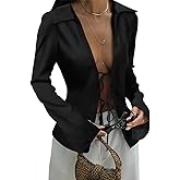Nsbonu Womens Tie Front Satin Tops Long Sleeve Sexy Blouse Y2k Night Out Shirts for Women
