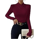 SweatyRocks Women's Ruched Mock Neck Long Sleeve T Shirt Solid Slim Fitted Tee Tops