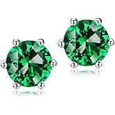 DAYBYDAY 925 Sterling Silver Birthstone Earrings for Women, Crystal Stud Earrings, 6.5mm Round Cut Solitaire Gemstone Earrings Birthday Jewelry