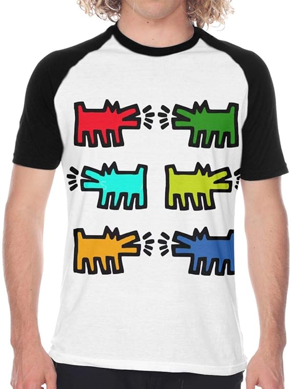 Amazon キースヘリング アートワーク犬 Tシャツ メンズ ラグラン 野球服 速乾性 柔らかい 通気性 半袖 丸首 ブラックカジュアル Tシャツ カットソー 通販