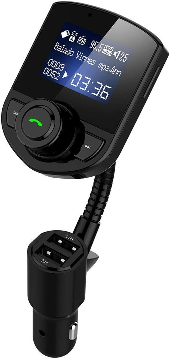 in-Car Bluetooth FM Transmitter Wireless Radio Adapter Hands-Free Car Kit with 1.44 Inches Display TF Card Mp22 Player Dual USB Ports AUX Input/Output Voltmeter Function for Smart Phones Audio (Black)