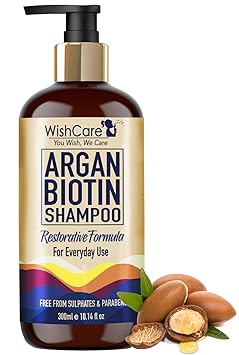 WishCare Argan Biotin Shampoo - Restorative Formula - Free from Mineral Oils, Sulphates & Parabens - For Regular Use - 300 Ml