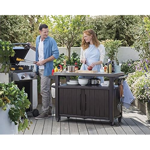 Keter Unity XL Indoor Outdoor Entertainment BBQ Storage Table / Prep Station / Serving Cart with Metal Top Patio, Lawn & Garden, Grills & Outdoor Cooking, Outdoor Cooking Tools & Accessories, Grill Carts
