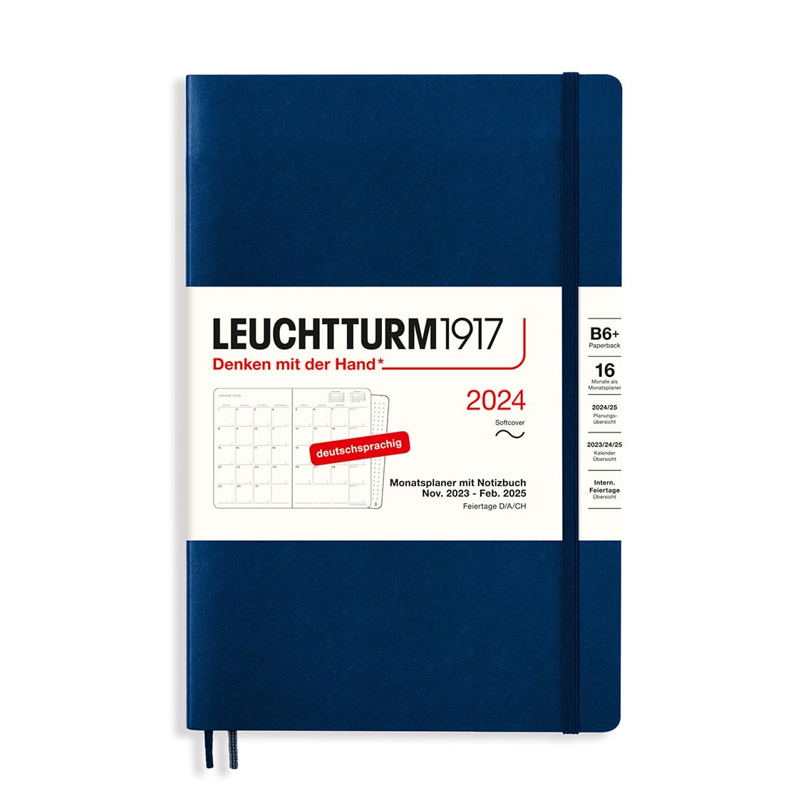LEUCHTTURM1917 367576 Monthly Planner & Notebook Paperback (B6+) 2024, 16 Months, Soft Cover, Navy, German