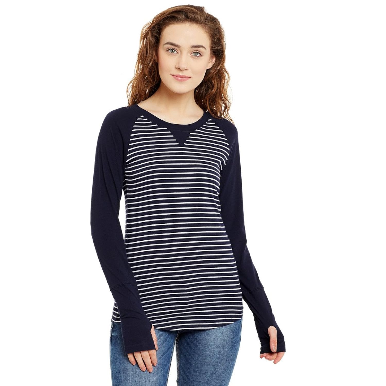 hypernation blue and white stirpe round neck thumb insert cotton t-shirt for women