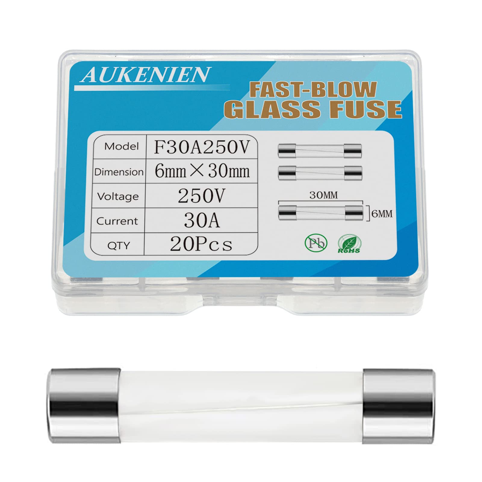 AUKENIEN 6X30 MM 30A 250V Glass Fuses F30AL 30 Amp 250 Volt F30AL250V Fast Blow Cartridge Tube Fuse, Multiple Values of Glass Fuse Optional (Pack of 20)