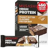 MUSASHI High Protein Bar, 45g Protein, Chocolate &amp; Peanut Butter | 2g Total Sugars, Milk Chocolate Coated, Post Workout and Protein Snack On The Go, 3.2oz (90g) Bars