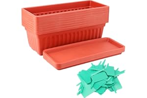SINJEUN 8 Pack 17 Inch Rectangle Flower Window Box, Plastic Rectangular Vegetable Planters with Trays and Plant Labels, Rectangular Windowsill Planter for Porch, Balcony, Home Decor, Terracotta Color