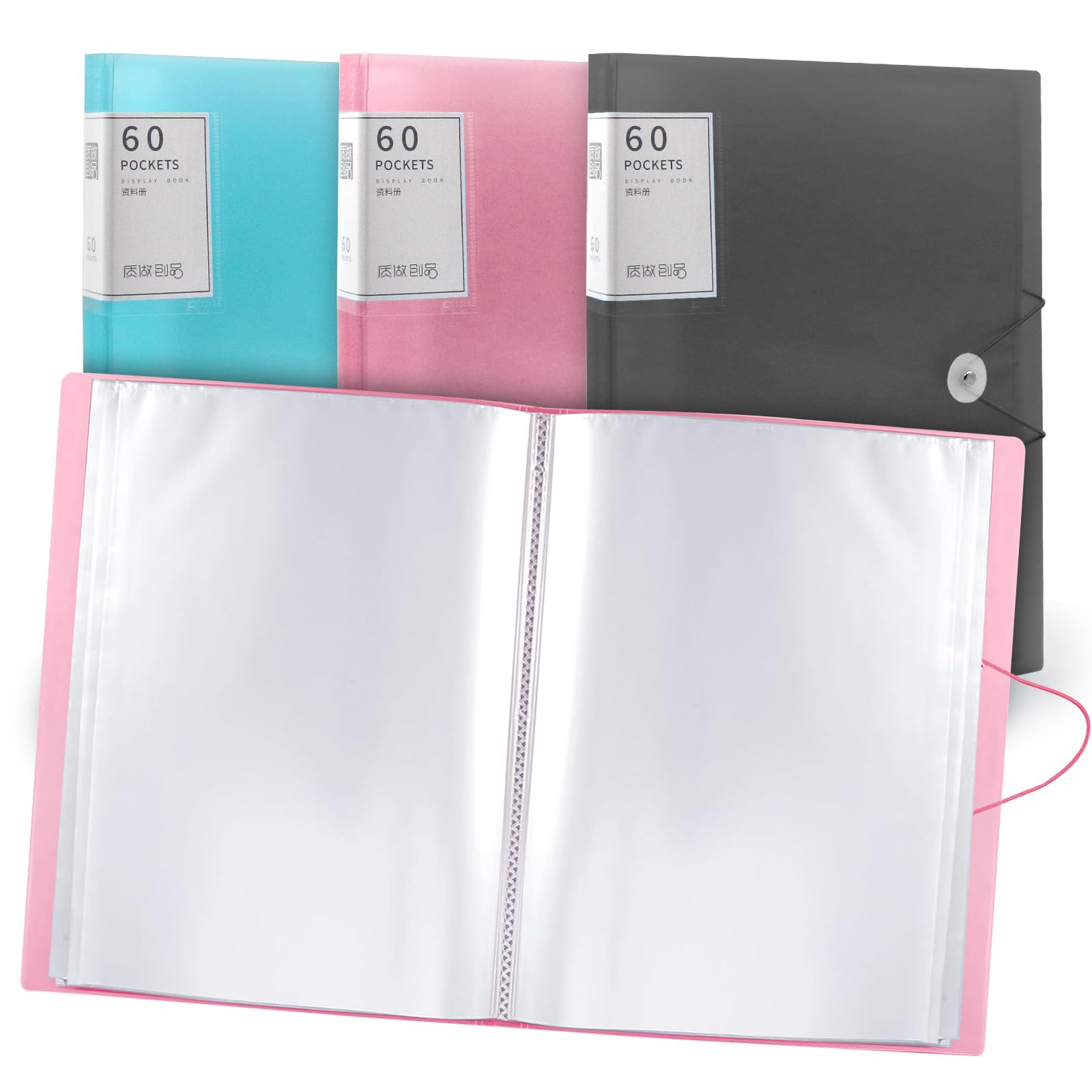 A4 Display Folder,40 Pockets A4 Display Book Folder with Plastic Sleeves and Safety Rope Presentation Folders Document Project for School and Offices (Pink)