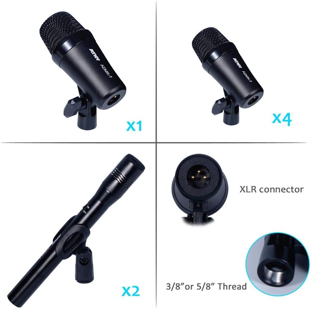 ATNY ADMK7 Supercardioid Dynamic Instrument Microphone - Pro 7-Piece Wired Dynamic Drum Mic Kit - Kick Bass, Tom - Snare & Cymbals Microphone Set (7-Piece Wired Dynamic Drum Mic Kit, Black): Home Audio & Theater