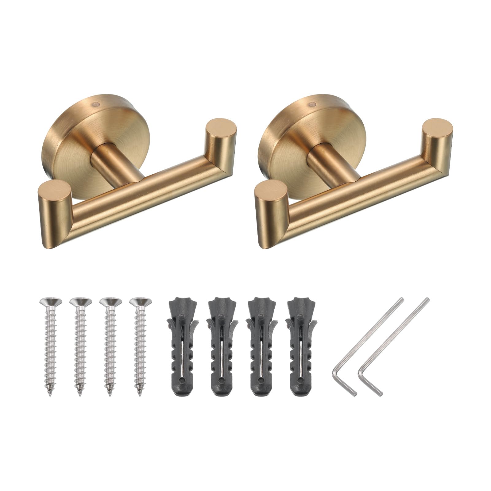 PATIKIL Double Towel Hook, 2Pack Stainless Steel Wall Mounted Hanger Round Towel Holder for Hanging Bathroom, Bedroom, Dormitory, Hang Towel, Clothes, Coat, Robe, Hat, Gold Tone
