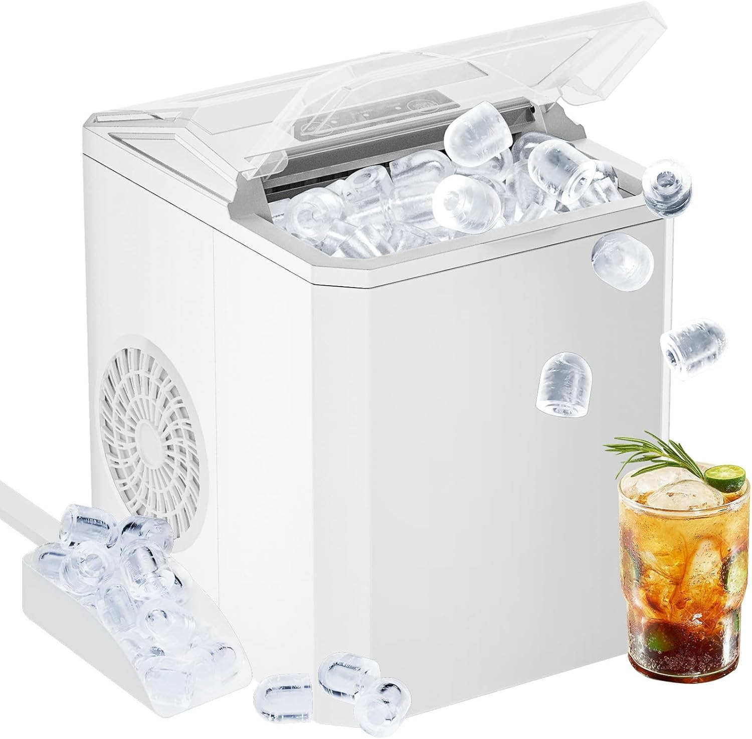 Sweetcrispy Countertop Ice Maker, Portable Ice Machine Self-Cleaning, 9 Cubes in 6 Mins, 26 lbs/24Hrs, 2 Sizes of Bullet Ice for Home Party Office,Elegant White