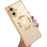 KANGHAR Case Designed for iPhone 16 Case Magnetic Clear with Camera Lens Protector[Compatible with MagSafe] Luxury Cute Plating Design Full-Body Shockproof Protection Cover Gold