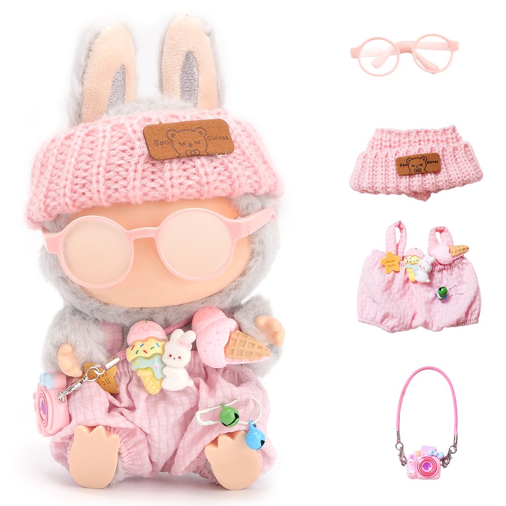 Doll Outfits for 17cm Plush Pendant Blind Box Figures,Hat and Overalls Set for Blind Box Doll,come with Glasses,Blind Box Figures Clothes Decoration Accessories (Pink)