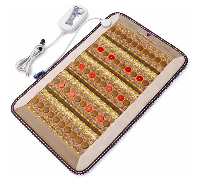 ThermoGem Far Infrared Mat - Mini 20"W x 32"L (50x80 cm) - Natural Amethyst Tourmaline Jade Crystals - Deep Impact Heat 30-70°C (86-158°F) - 1-30 Hz Magnetism - 12 Bio Stimulation Red LEDs - 220-240V