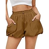 Fisoew Womens High Waisted Bubble Shorts Drawstring Elastic Workout Athletic Summer Balloon Shorts with Pockets Brown