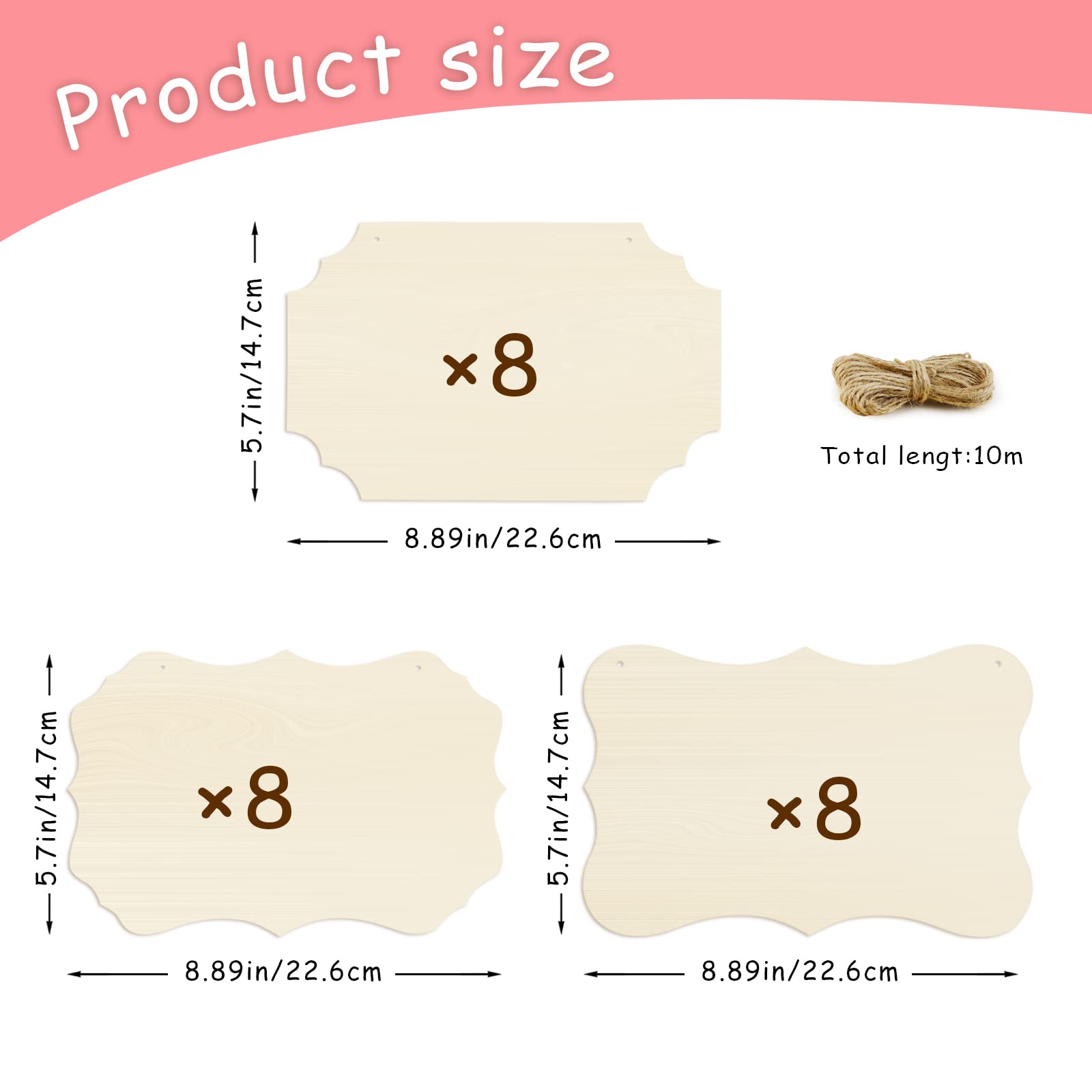 FSWCCK 24 Pieces Unfinished Hanging Wood Sign Blank with Ropes, Rectangle Blank Wood Sign Plain Hanging Craft Door Signs Wall Art Farmhouse Wooden Sign for Door Wall Art Decoration (3 Style)