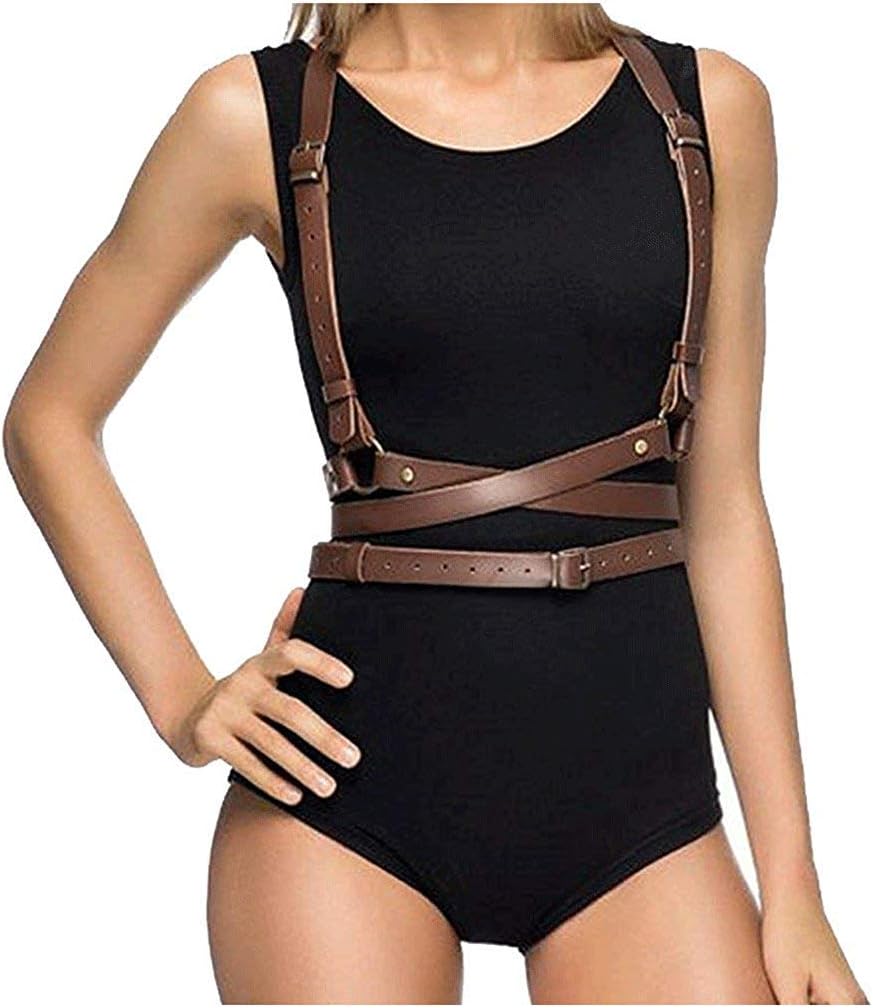 KELAND Women's Punk Leather Body Waist Belt Adjustable Strap Shoulder Strap Halloween Club Clothing Bra Underwear Top