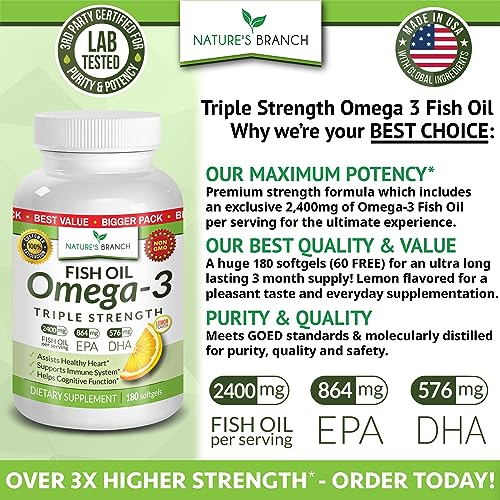Best Triple Strength Omega 3 Fish Oil Pills 180 Capsules 2400mg High Potency Burpless Lemon
