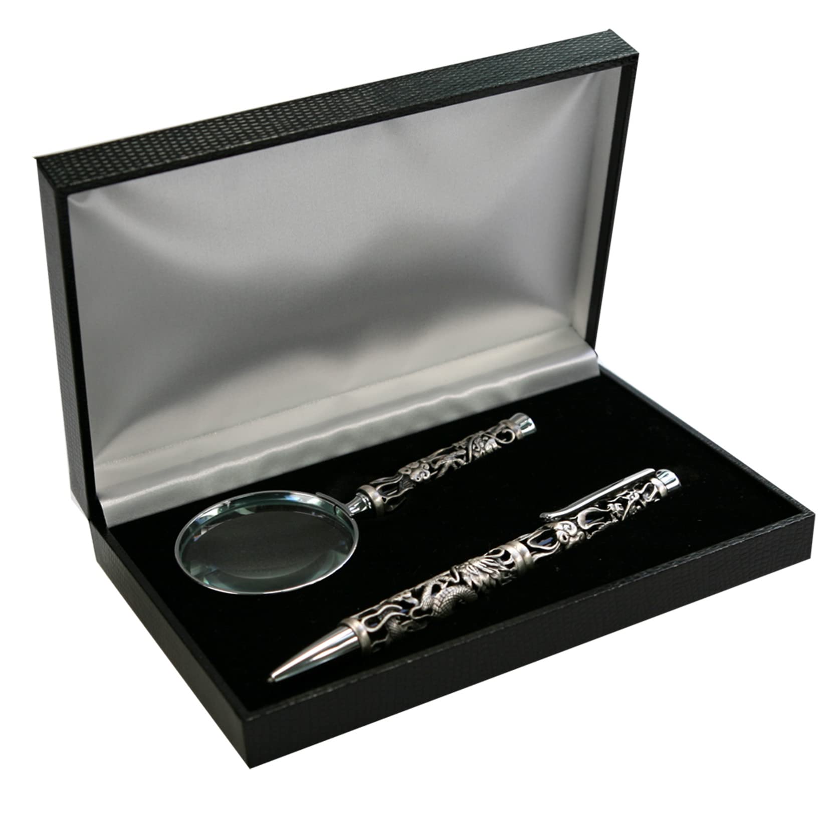 CARMANI - Handheld magnifier and ballpoint pen with with 3D metal Dragon pattern in gift box