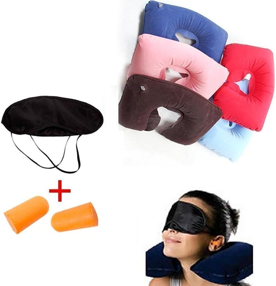 J U ENTERPRISE 3 in 1 Inflatable Neck Air Cushion Pillow, Eye Mask & 2 Ear Plugs (Color May Vary)