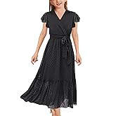 WIFFGO Girls Spring Dresses Bohemian Flying Cap Sleeve V Neck Belt Calf 2026 Long Maxi Pleated Flowy Dress for Girl