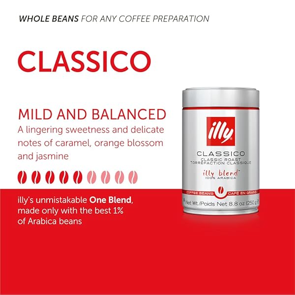 ILLY CLASSICO WHOLE BEAN COFFEE, MEDIUM ROAST, CLASSIC ROAST WITH NOTES OF CARAMEL, ORANGE BLOSSOM AND JASMINE, 100% ARABICA COFFEE, NO PRESERVATIVES, 8.8 OUNCE CAN (PACK OF 1)