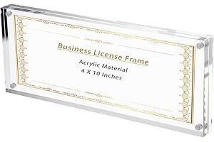 JUXYES Clear Acrylic Business License Frame Magnetic License Certificate Display Frame, Acrylic Sandwich Frames Frameless Panoramic Picture Frame Tabletop Magnetic Frames for Business License, 4x10