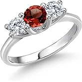 Gem Stone King 14K White Gold Red Garnet & Moissanite 3-Stone Engagement Ring | 1.01 Cttw | Round 5MM and 4MM | 3 Stone Wedding Anniversary Promise Ring For Women