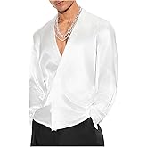 Floerns Men's Wedding Long Sleeve V Neck Shirts Shiny Satin Prom Party Club Shirts