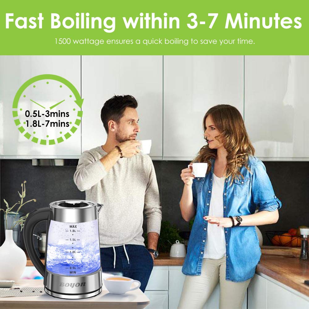 BOYON 1.8L Electric Kettle 1500W BPA Free, Stainless Steel Inner Lid & Bottom, Glass Tea Kettle with LED Indicator Light, Auto Shut-Off & Boil-Dry Protection