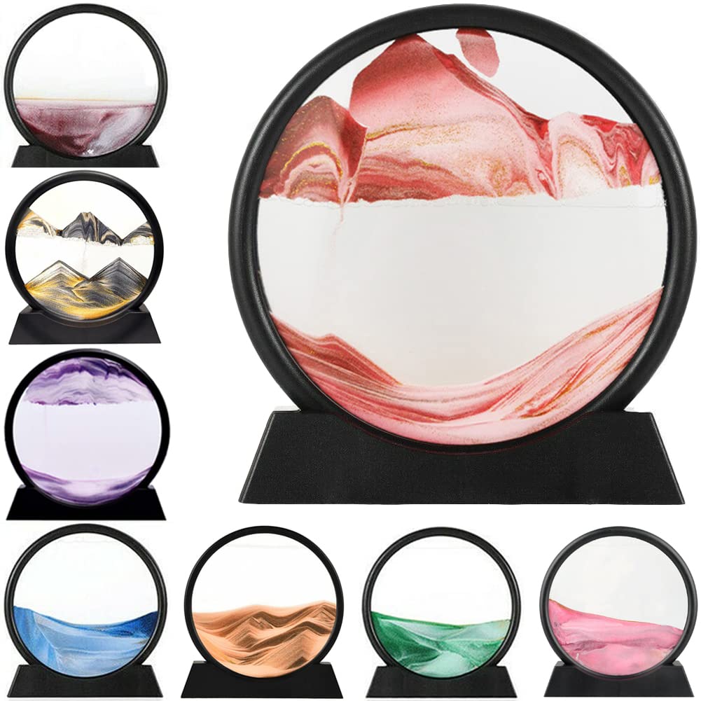 LINPING Flowing Sand Painting,Moving Sand Art Picture Round Glass 3D Deep Sea Sandscape in Motion Display Flowing Sand Frame, Home & Office Desktop Decorations (7 Zoll, red)