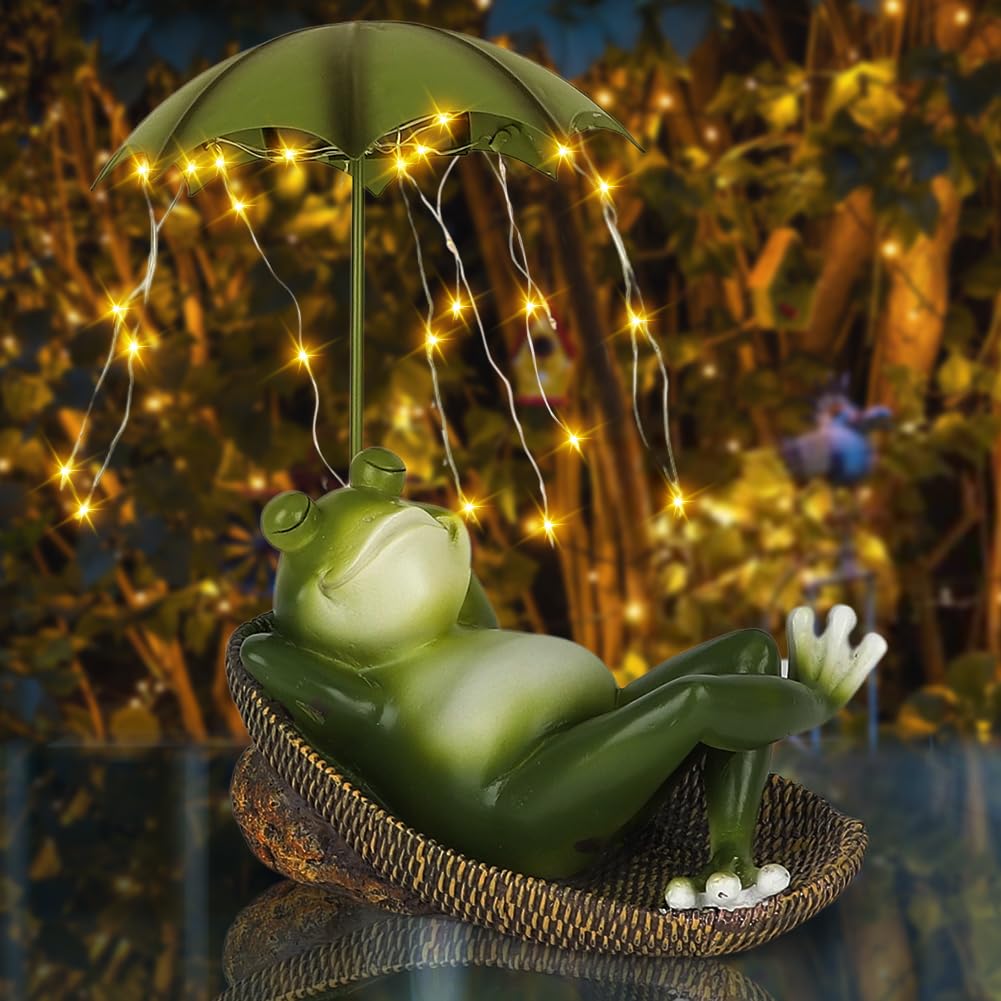 VOHESEA Solar Frog Garden Figures - Solar Frogs with Umbrella Light and Turtle - Waterproof LED Garden Figures for Yard, Balcony and Garden Gifts