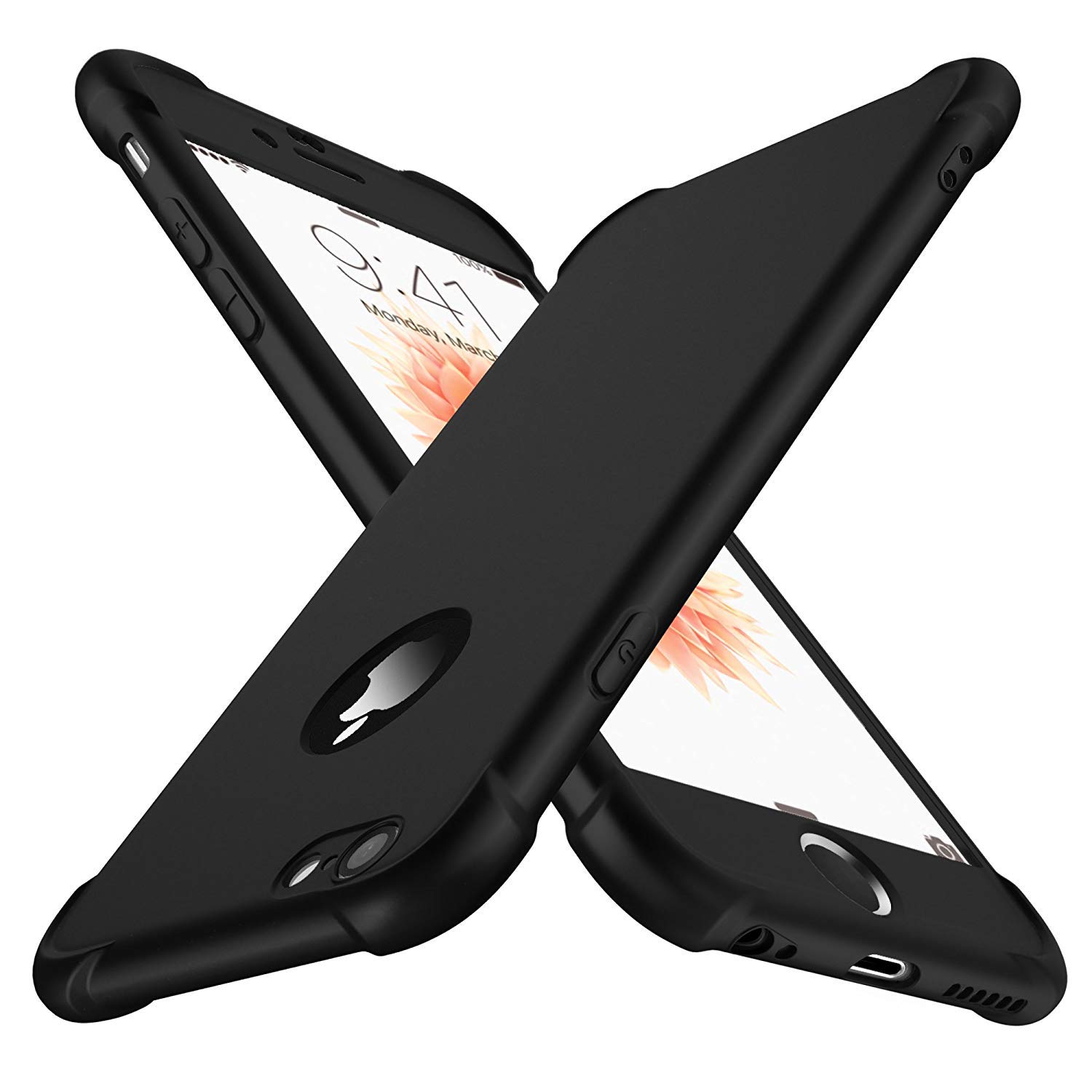 ORETECH Compatible with iPhone 6/6s Case with [2 Pack 9H Tempered Glass Screen Protector] 360 Shockproof Ultra-Thin Anti-Scratch Hard PC Silicone TPU Bumper Rubber Phone Case Cover - Black — image 1