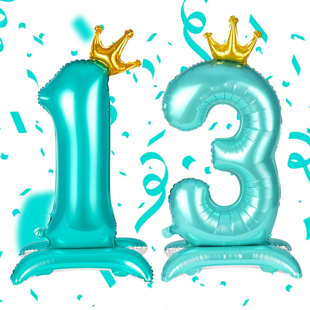 APXEL Blue Standing Crown Number 13 Balloons, 42 Inch Large Foil Number 1 & 3 Balloons, Self Inflating 13th Birthday Balloon for 13 Year Anniversary Birthday Party Christmas Decorations