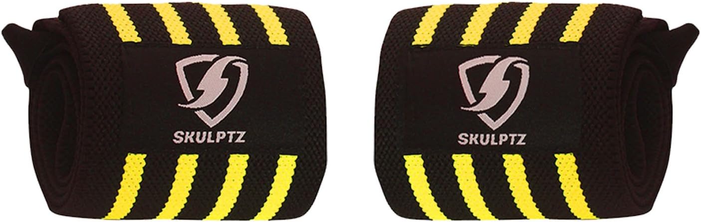 SKULPTZ Heavy Duty Gym Weight Training Cross Fit Powerlifting Wrist Wrap Support (Pair) (Competition Grade) - Yellow