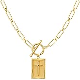 HETICA Chunky Cross Necklace Gold-Plated Toggle Clasp Rectangle Cross Charm Paperclip Chain Necklace for Women Religious Simple Jewelry Gift