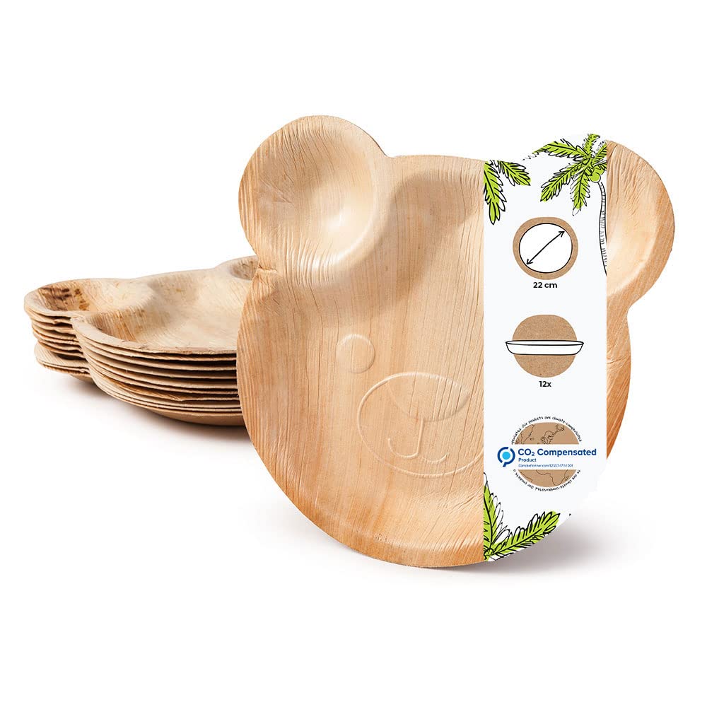 GREENBOX Palm Leaf Party Children's Birthday Plates in Cute Bear Design, Pack of 12 Palm Leaf Disposable Plates 22 x 24 cm, Disposable Tableware Plates, Stable, 100% Organic & Fully Compostable, Beige