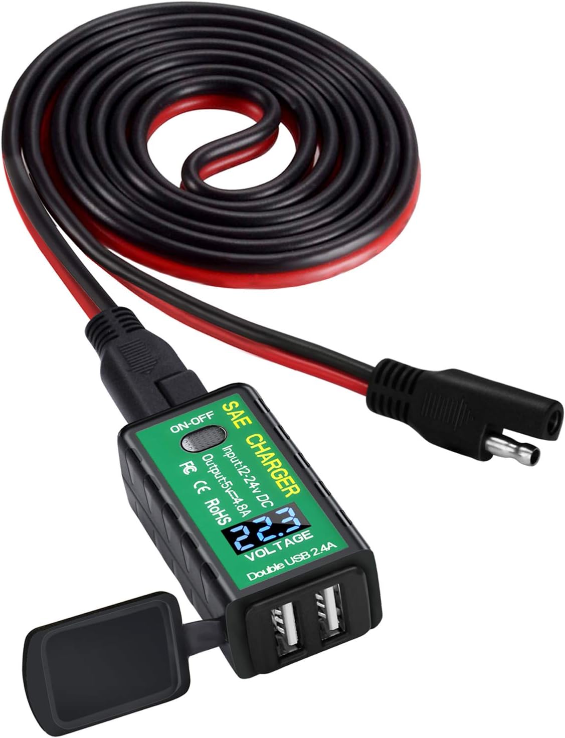 【Upgraded Version】 YONHAN 4.8A Motorcycle USB Charger SAE to USB Adapter with Voltmeter & ON/Off Switch, 3 Install Options Waterproof Quick Disconnect Plug for Smart Phone Tablet GPS