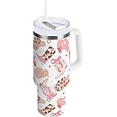 Selerdon 30 oz Tumbler Western Pink Cowgirl Boots Hat Insulated Travel Mug Stainless Steel Vacuum with Handle and Straw Lid Coffee Cup Tea Water Bottles for Sports Work Car Travel Hot Cold Drink