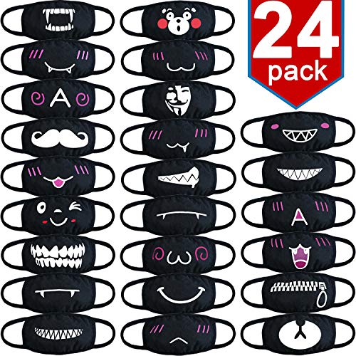 BURVAGY Fashion Anime Mouth Mask, 24 Pack Black Cute Unisex Anti-Dust Mouth Muffle Mask for Kids Teens Men Women