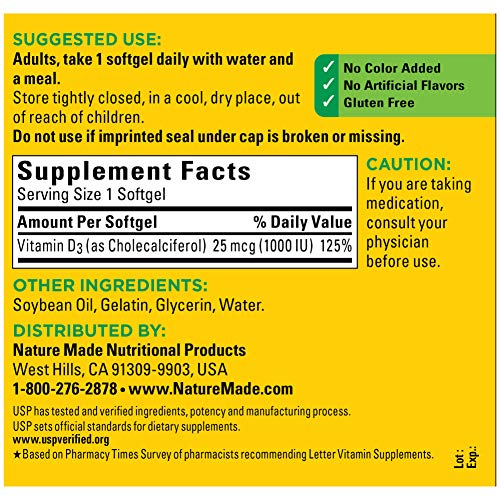 image for Nature Made Vitamin D3 1000 IU (25 mcg) Softgels, 300 Count for Bone H