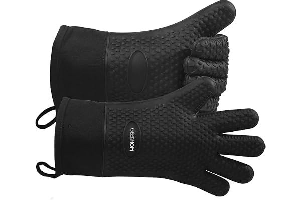 GEEKHOM Silicone Oven Mitts Heat Resistant Grill Gloves with Cotton Lining for Kitchen Cooking, Baking & BBQ Accessories, Dis