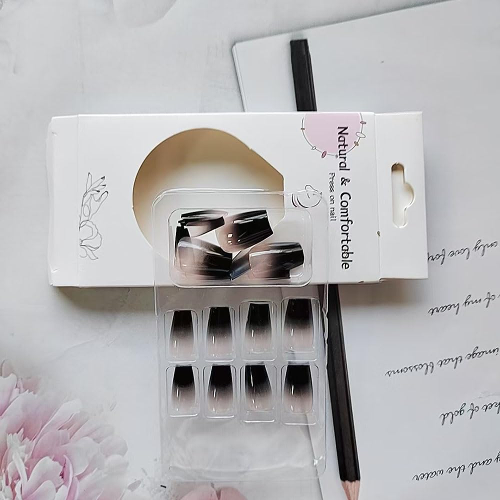 24 Pcs Black White Ombre Press on Nails Short Square - MINGCHUN Summer Fake Nails Press ons Nails Tips Design Full Cover French False Nails Glue on Nails Stick on Nails Acrylic Nail Art DIY for Women - Image 4