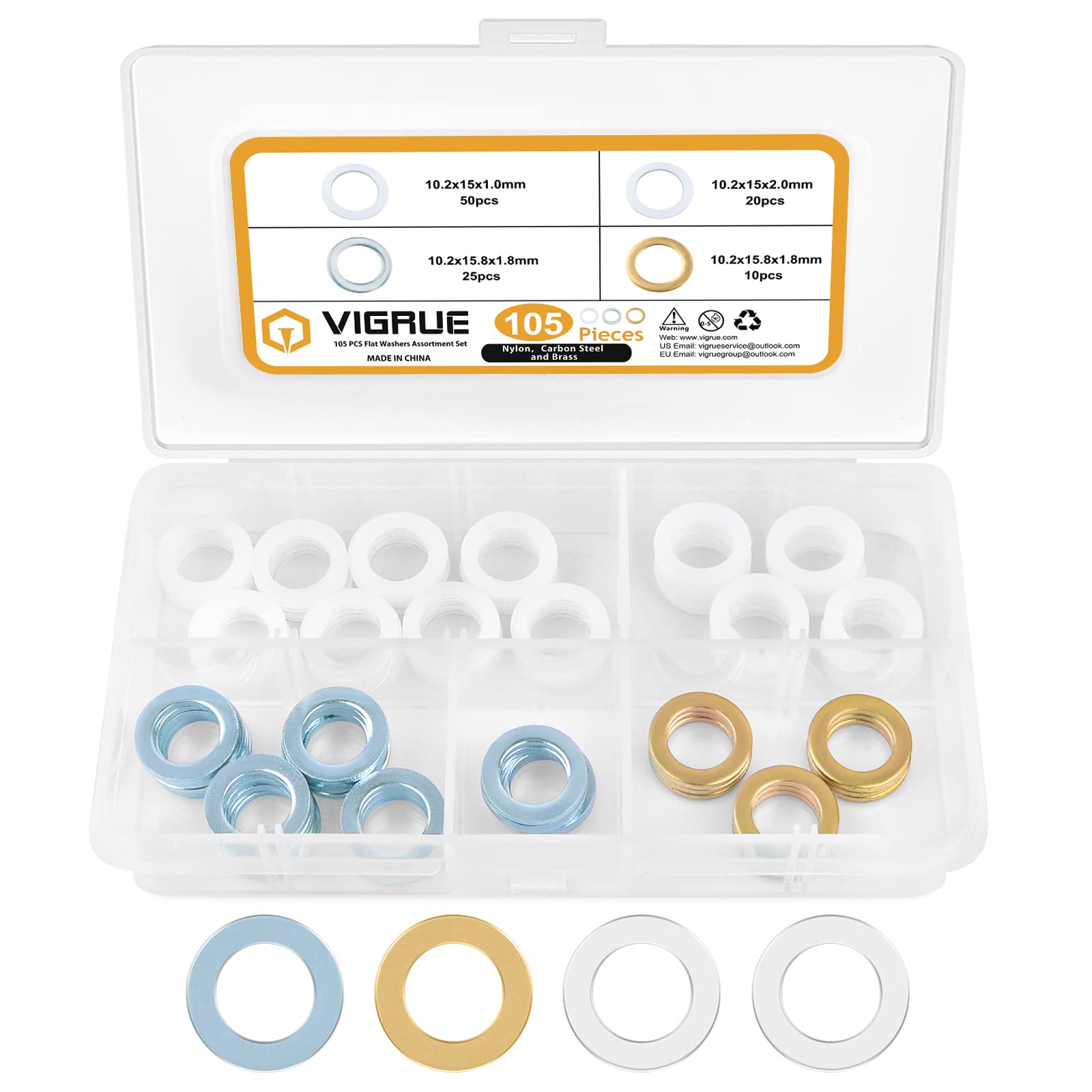 VIGRUE Pack of 105 Fitting Rings Assortment Set, Washers Door Diameter 10.20 x 15 x 1 mm/Diameter 10.20 x 15 x 2 mm/Diameter 10.20 x 15.8 x 1.8 mm, Solid Brass, Galvanised, Plastic