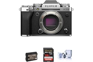 Fujifilm X-T5 Mirrorless Camera, Silver Bundle with 128GB SD Card, Extra Battery, Cleaning Kit