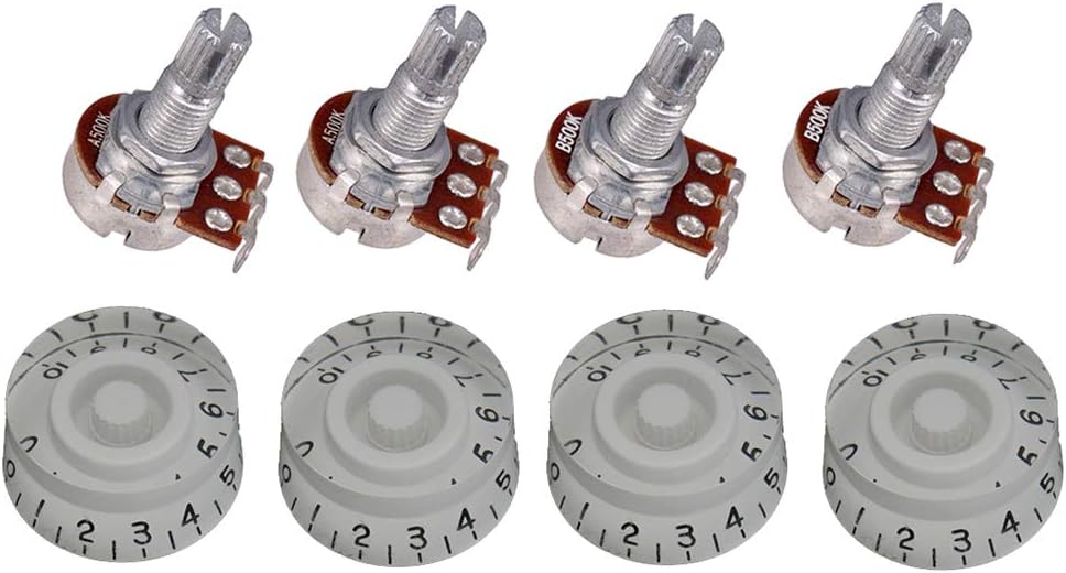 4 Piece Speed Control Knobs Volumes Tones and 4 Piece Guitar Potentiometers Audio Pots A500K B500K - White