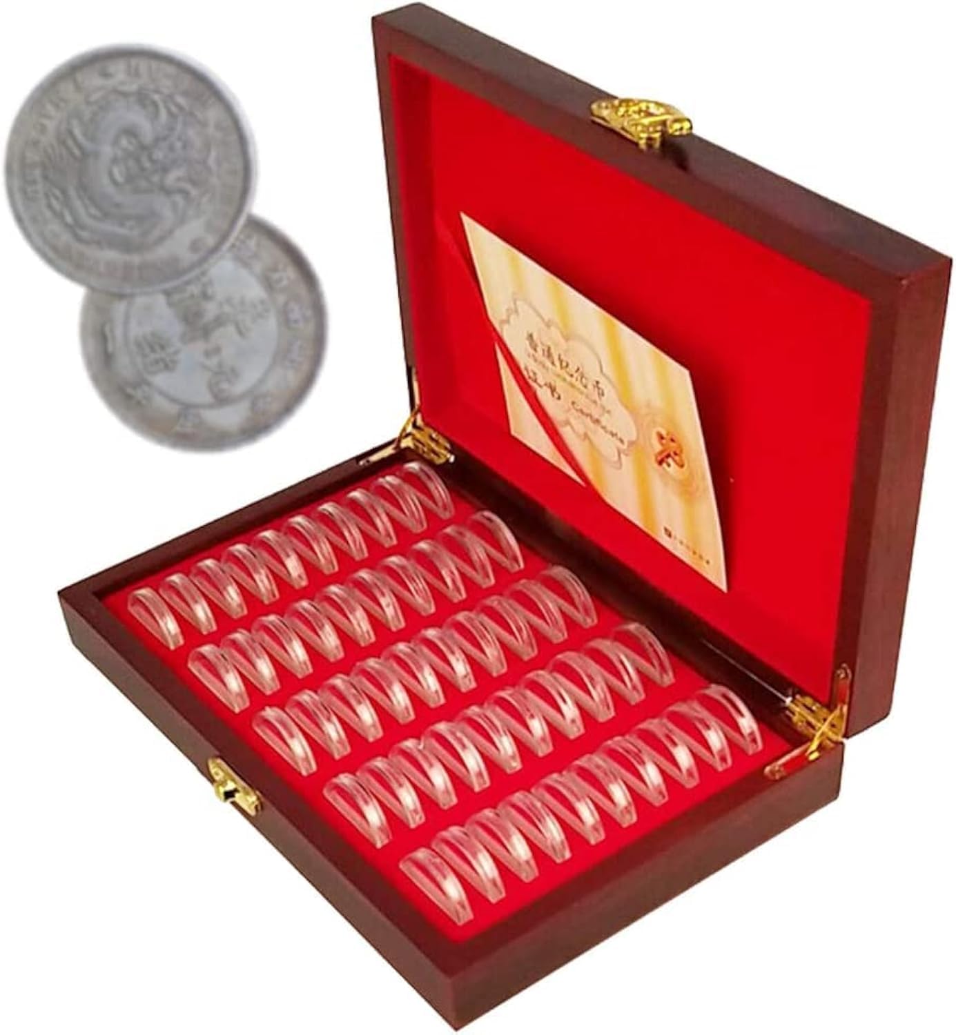 Tuzsocr Collectable Coin Storage, 50 Coin Capsules, Wooden Storage Box + Inner Padding, Sealed Coin Holder 18 mm, 21 mm, 25 mm, 27 mm, 30 mm (Red)