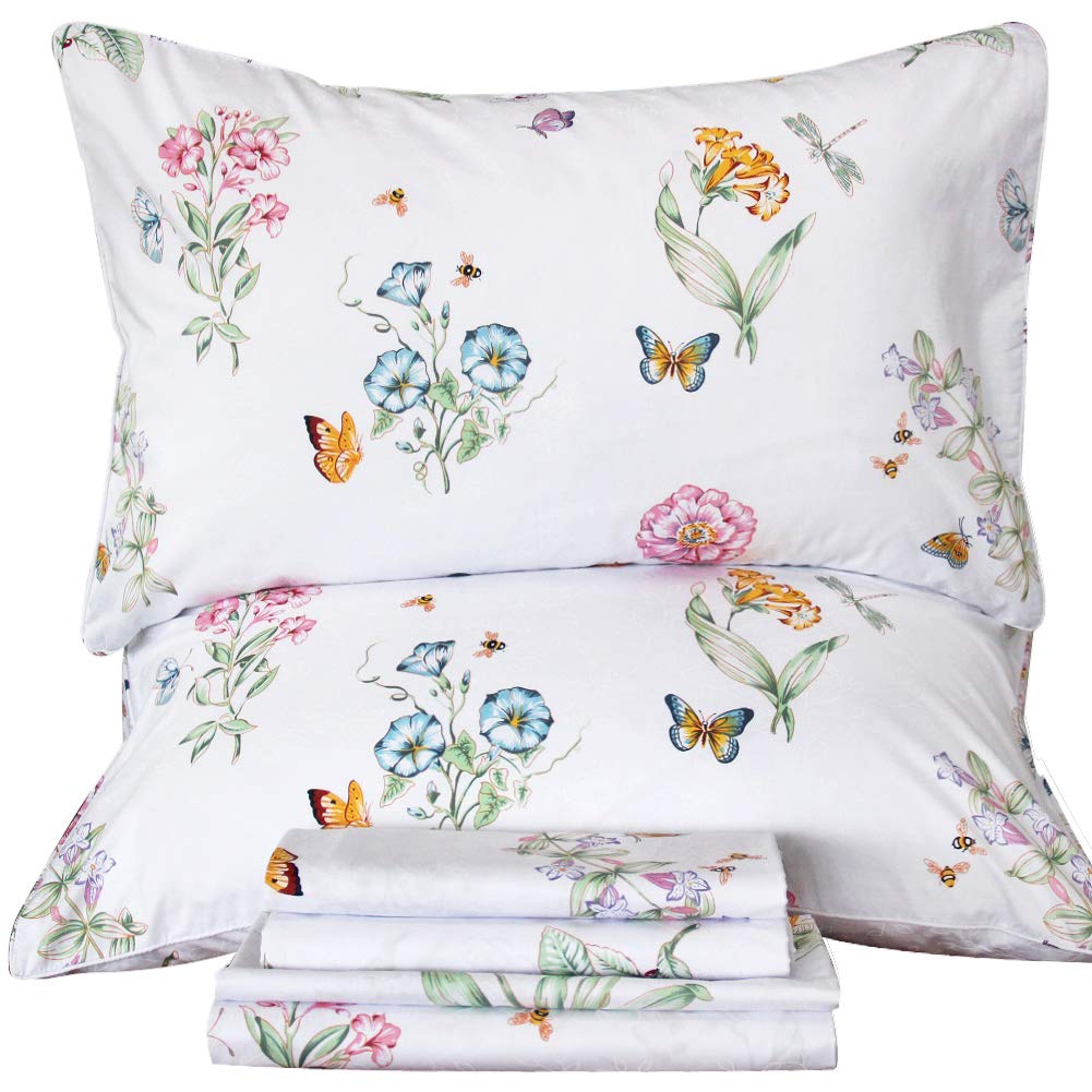 Photo 1 of QSH Floral Queen Size Sheet Sets - Flower Butterfly Print Pattern Egyptian Cotton Printed Bedding Sheets Queen Size Bed Extra Soft and Breathable 4pcs Deep Pockets Bed Sheets
