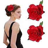 2 Pack Red Rose Hair Clips with Leaves Rose Fabric Pin Brooch Mexican Flowers for Hair Cute Handmade Floral Accessories for Hawaii Wedding Decoration
